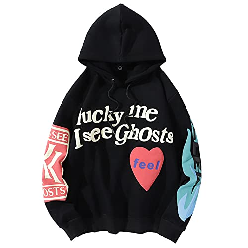 IFIKK Herren Kapuzenpullover Lucky Me I See Ghosts Hoodie Pullover Hip Hop Sweatshirt Kapuzenjacke Langarm Kapuzenpullover Rundhalsausschnitt Street Style Hoodie (L, Schwarz Frontdruck) von IFIKK