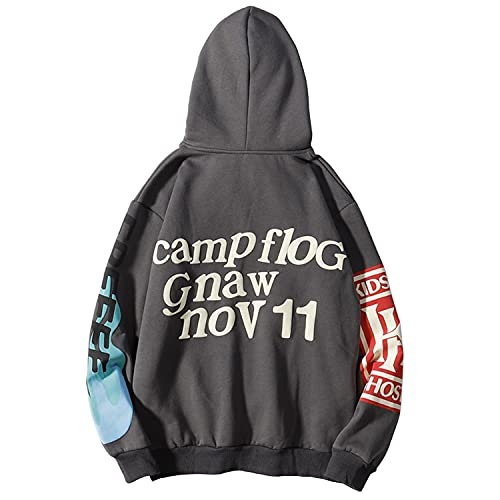 IFIKK Herren Kapuzenpullover Lucky Me I See Ghosts Hoodie Pullover Hip Hop Sweatshirt Kapuzenjacke Langarm Kapuzenpullover Rundhalsausschnitt Street Style Hoodie (XL, Grau Rückseitendruck) von IFIKK