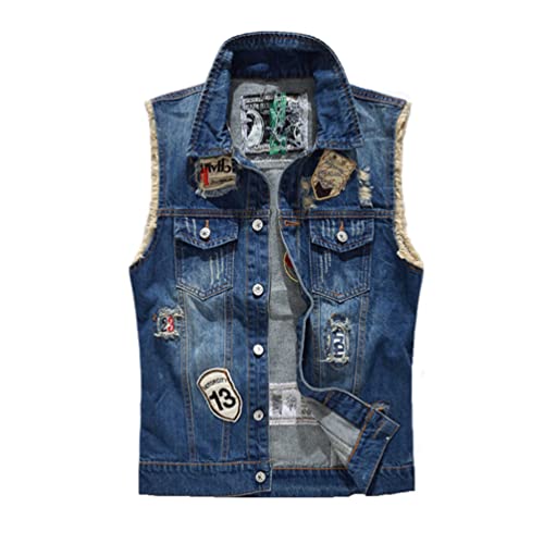 IFIKK Klassische Vintage Herren Jeans Weste ärmellose Jacken Mode Patch Designs Punk Rock Style zerrissene Cowboy ausgefranste Denim Weste Tanks (ST 2,XL) von IFIKK