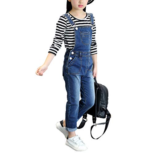 IFIKK Mädchen Overall Jeans Kinder Latzhose Freizeit Denim Hosen Lang Overall Jeans Jumpsuit Strampler Mit Hosenträger Jeanshose One Piece Jumpsuit (Blau, 160) von IFIKK