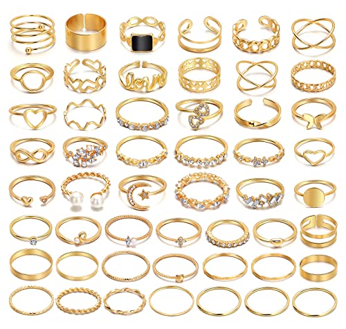 IFKM 51 Stück Gold Fingerringe Set für Frauen Mädchen Vintage Stapelbare Midiringe Fingerringe Zarte Zirkonia Einfache hohle Ringe Geschenkbox, Metall, Kein Edelstein von IFKM