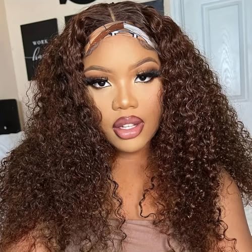 Headband Wig Human Hair Menschenhaarperücke Glueless Wig Human Hair None Lace Front Wigs Deep Wave Curly Brazilian Natural Women Hair 150% Density Chocolate Brown 12 Inches(30 cm) von IFLY