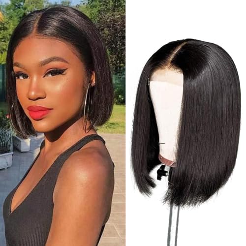 Human Hair Wig 4x4 Lace Front Wig Human Hair Bob Straight Wig for Women Echthaar Prücke Natural Brazilian Short Wigs Human Hair 150% Density Natural Black Color 10 Inches von IFLY