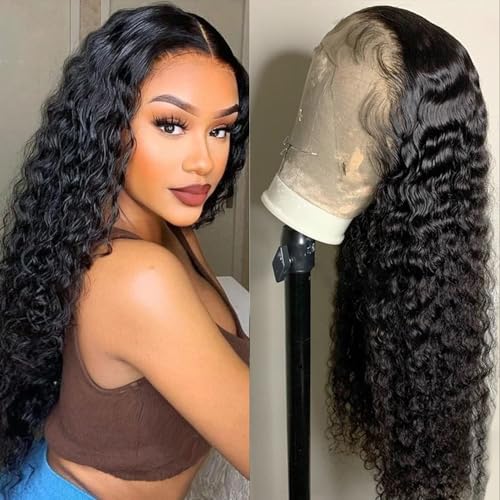 Human Hair Wig Deep Wave Echthaar Perücke 13×4 Lace Front Wigs Human Hair for Women Menschenhaarperücke 180% Density HD Lace Closure Wigs for Women Glueless Natural Color 16 Inches von IFLY