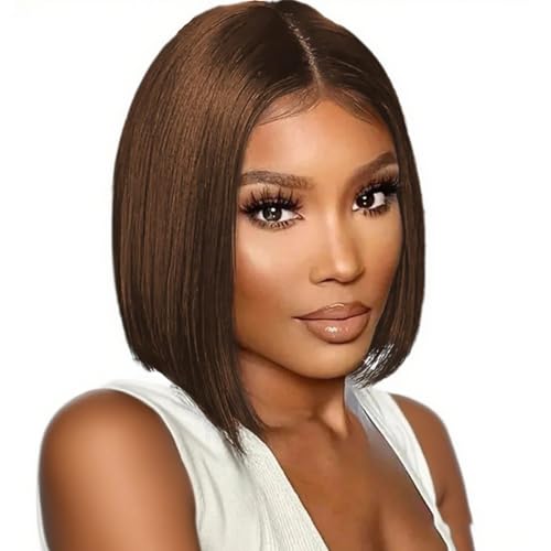 Human Hair Wig Menschenhaarperücke Echthaar-Perücke 4x4 Lace Front Wig Human Hair Bob Straight Wig for Women Natural Brazilian Short Wigs 150% Density Chocolate Brown Color 10 Inches von IFLY