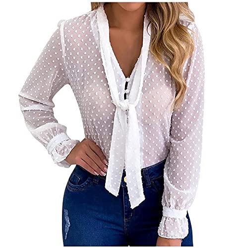 IFOUNDYOU Bluse Damen Sexy Spitzen Tunika Langarmshirt Damen V-Ausschnitt Langarm Shirts Blusentops Elegant Polka Dot Transparent Bluse Oberteile Lose Casual Blusen mit Schleife von IFOUNDYOU Damen