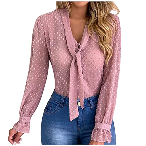 IFOUNDYOU Bluse Damen Sexy Spitzen Tunika Langarmshirt Damen V-Ausschnitt Langarm Shirts Blusentops mit Schleife Elegant Polka Dot Transparent Bluse Oberteile Lose Casual Blusen von IFOUNDYOU Damen