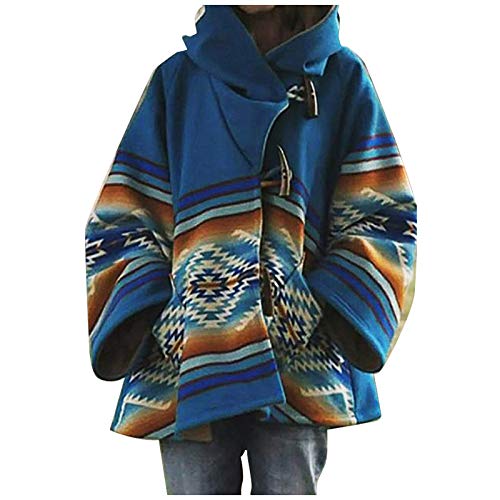 IFOUNDYOU Damen Jacke Kunstpelz Mantel mit Taschen Knöpfen Teddy Fleece Vintage Bedruckte Winterjacke GroßeGrößen Langarm Warme Hoher Kragen Wolljacke Winddicht Dicker Kapuzenjacke,288-Blau, XXL, 196 von IFOUNDYOU Damen