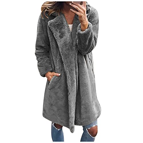 IFOUNDYOU Jacke Damen Übergangsjacke Kunstpelz Einfarbig Plüschjacke mit Taschen Herbst Winter Oversize Mantel Revers Teddy Fleece Modern Sweatjacke Elegant Dicker Lang Warmer Wolljacke von IFOUNDYOU Damen