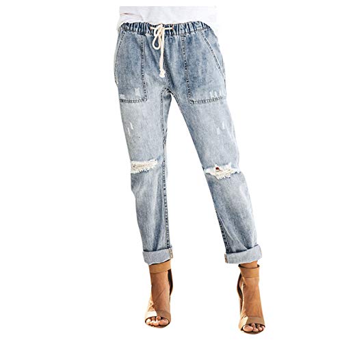 IFOUNDYOU Jeans Damen Löcher Gummibund Röhrenjeans mit Taschen Kordelzug Boyfriend Baggy Y2k Jeanshose High Waist Chunkyrayan Lochjeans Schlupfhose 7/8 Länge Destroyed Casual Streetwear Freizeithose von IFOUNDYOU Damen