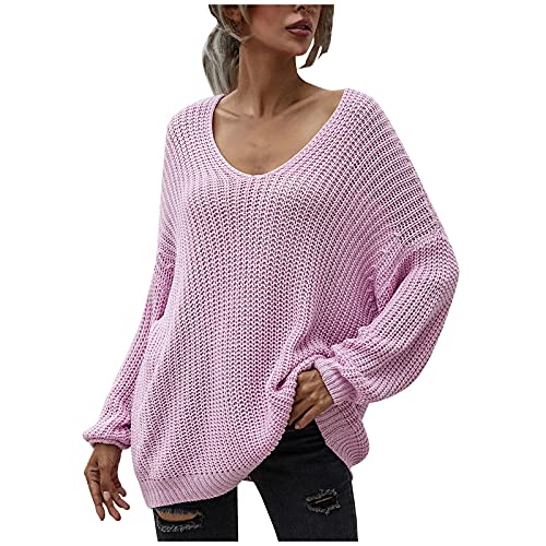 IFOUNDYOU Pullover Damen Lang V-Ausschnitt Strickpullover Einfarbig Casual Langarm Langarmshirts Strickoberteile Knitted Herbst Winter Sweatshirt Pulli Lose Mode Sexy Grobstrickpullover Oberteile von IFOUNDYOU Damen