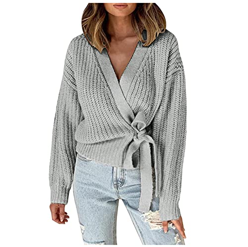 IFOUNDYOU Pullover Damen V Ausschnitt Sexy Wickelpullover mit Gürtel Einfarbig Gestricktes Strickpullover Lässige Elegant Rüschen Langarmshirts Herbst Winter Warm Sweatshirt Pulli Tops Oberteile von IFOUNDYOU Damen