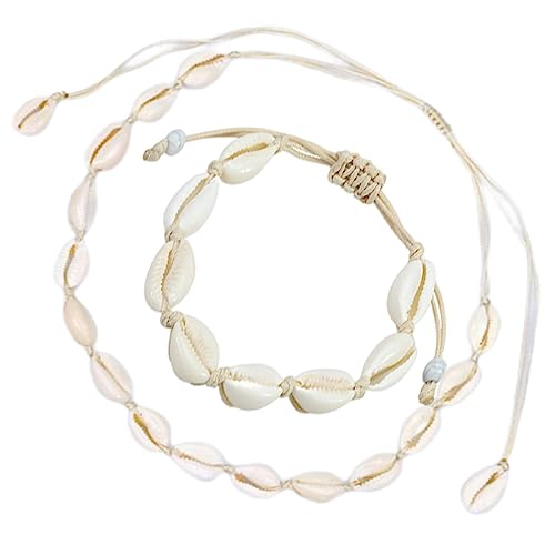 IFUDE 2 Stück Muschelkette Und Armband NatüRliche,Muschel Schmuck Set, Natural Shell Choker Halskette,Handgemachte Hawaii Halskette Zubehör für Frauen Mädchen von IFUDE