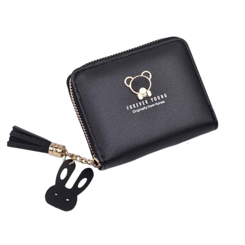 Süße Geldbörse für Mädchen Damen mini Portemonnaie Kinder aus Weichem PU Leder mit Reißverschluss,Cartoon-Design Anhänger,Münzfach und Kartenfächern (Schwarz) von IFUDE