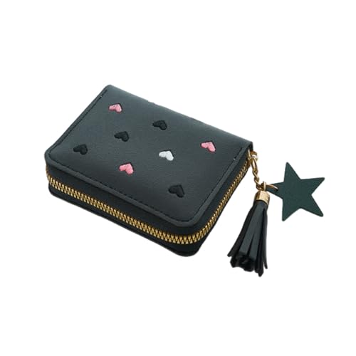 Süße Geldbörse für Mädchen und Jungs Damen mini Portemonnaie aus weichem PU Leder Herzen Stickerei mit Reißverschluss,Und Sternquaste Anhänger Münzfach und Kartenfächern (schwarz) von IFUDE