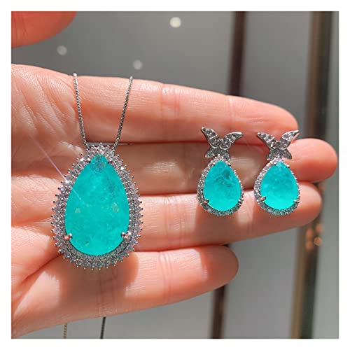 Ketten für Damen Damen 925 Silber Schmuck Sets Luxus Paraiba Turmalin Blau Stein Aquamarin Lab Diamanten Halskette Ohrringe Hochzeit Juwel Set erfüllen Mode-Accessoires ( Color : Aquamarine , Size : J von IFWGFVTZ