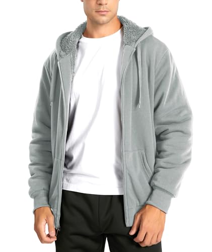 IGEEKWELL Gefütterte Fleecejacke Herren Fleecejacke Herren mit Kapuze Kapuzenpullover für Herren Fleece Hoodie Herren Outdoor Hooded Pullover Kapuzenpullover für Männer mit Taschen(Grau-L) von IGEEKWELL