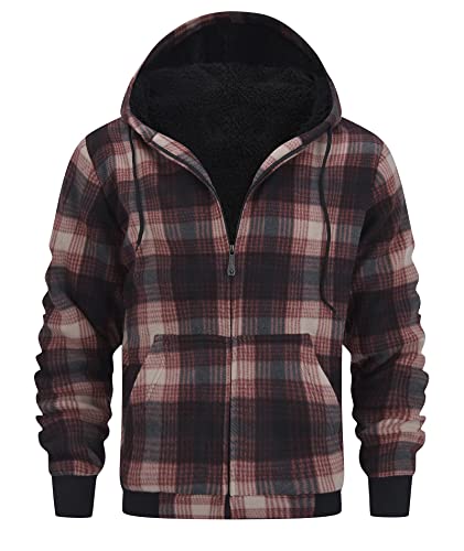 IGEEKWELL Herren Karierte Jacke Hoodie Männer Fleecejacke Kariert Herren Gefüttert Sweatjacke Herren Sweater Sweatshirt Herren Strickjacke Herren Fleecepullover für Männer mit Taschen(Dunkelbraun-XL) von IGEEKWELL