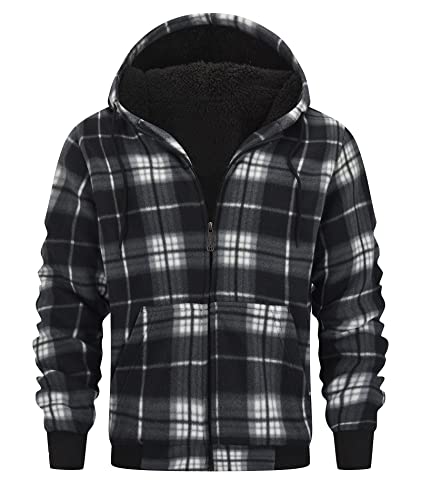 IGEEKWELL Karierter Männer Kapuzenpullover mit Reißverschluss Karierte Jacke Herren Kapuzenjacke für Herren Casual Fleecejacke Kariert Herren Sweatjacke Hooded Pullover(Schwarz-2XL) von IGEEKWELL