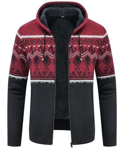 IGEEKWELL Sweatjacke Gefüttert Herren Kapuzenpullover für Herren mit Reißverschluss Fleece Hoodie Herren Hoody mit Kapuze Strickjacken für Herren Winter Sweatjacke mit Kapuze(DunkelBlau Rot-3XL) von IGEEKWELL