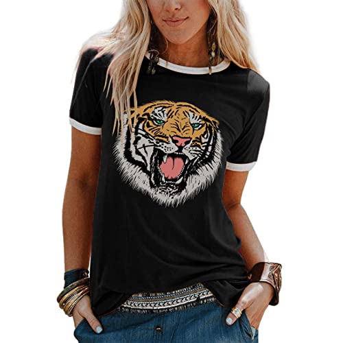 IGKCAQX Streetwear Sport Oberteile Vintage Sweatshirt Teenager Mädchen Tunika Lang Tops Frühlings-Sommer-Tigerkopf-Druck-Garten-Kragen-Kurzarm-Bluse,Schwarz,M von IGKCAQX