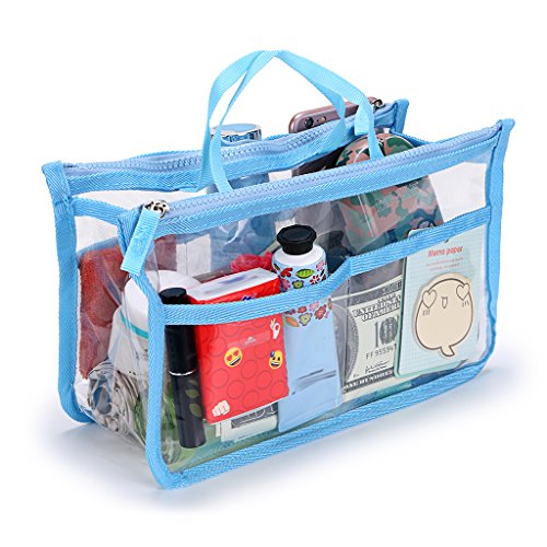 IGNPION Transparent PVC Insert Handtasche Organizer 8 Taschen Reise Make-Up Kulturbeutel Waschbeutel Kosmetiktasche Organizer Insert für Mädchen Frauen mit Reißverschluss und Griffe (Blau) von IGNPION