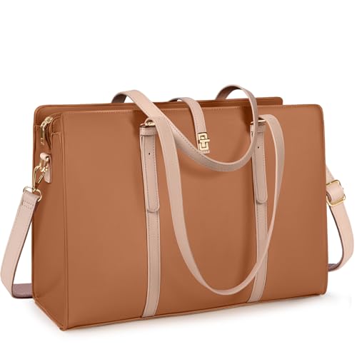 IGOLUMON Handtasche Damen Shopper Damen Groß Wasserdicht Laptop Tasche Damen 15.6 Zoll PU Leder Arbeitstasche Umhängetasche für Business Arbeit Büro Schule Braun mit Khaki von IGOLUMON