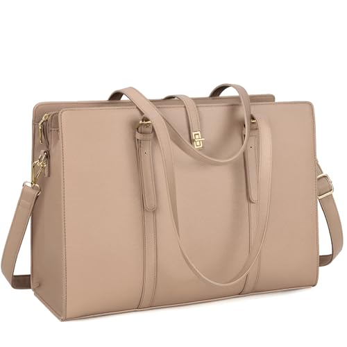 IGOLUMON Handtasche Damen Shopper Damen Groß Wasserdicht Laptop Tasche Damen 15.6 Zoll PU Leder Arbeitstasche Umhängetasche für Business Arbeit Büro Schule Khaki von IGOLUMON