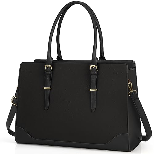 Laptoptasche für Damen, 39,6 cm (15,6 Zoll), große Arbeitstasche, wasserdicht, Leder, Büro, Aktentasche, leicht, Business-Computer-Tragetasche, Schultertasche, Schwarz von IGOLUMON