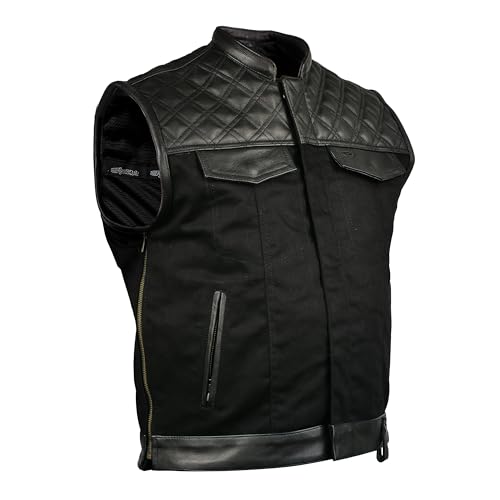 IGUANA CUSTOM CLOTHES Iguana Custom Motorradweste aus Leder und Denim mit schwarzen Lederdetails und YKK-Reißverschlüssen, Schwarz , 3XL Groß von IGUANA CUSTOM CLOTHES