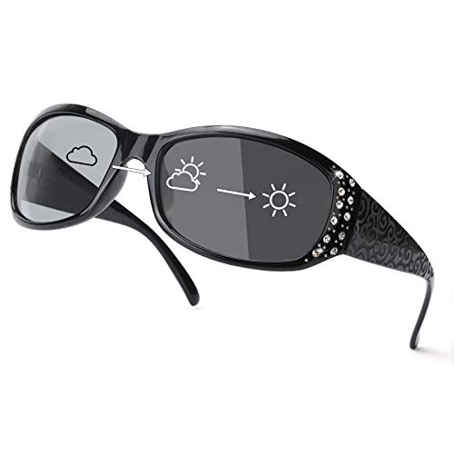 IGnaef Strass Damen Photochrome Sonnenbrille mit Polarisierte Linse, UV400 Schutz Anti-Glare Vintage Sonnenbrille für Outdoor, Schwarzer Rahmen/graue, photochrome polarisierte Gläser, von IGnaef