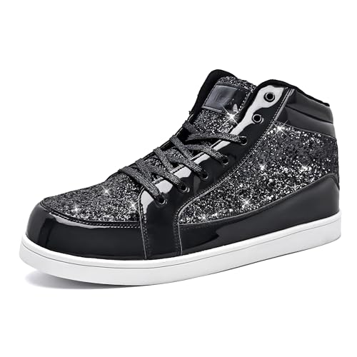 IGxx Glitzer Schuhe für Männer High Top Blinkende Party Casual Schnürschuhe Herren, Schwarz glitzernd, 44.5 EU von IGxx