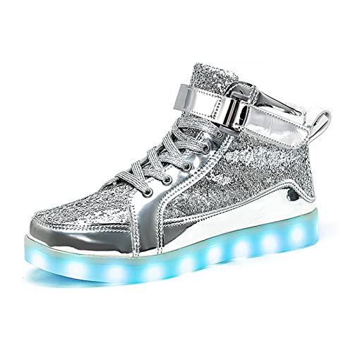IGxx LED-Leuchtschuhe für Herren, hohe LED-Sneaker, USB-Aufladung, Schuhe, Damen, leuchtende blinkende Schuhe, LED-Kinder, Silberfarben glitzernd, 47 EU von IGxx
