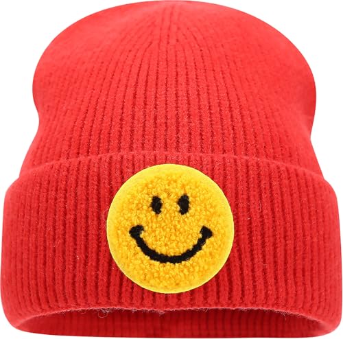 IHAUIUE Smiley-Gesicht bestickte Beanie-Mütze Happy Graphic Cuffed Skull Cap Cute Pattern Winter Warm Watch Hüte für Damen Herren, Rot/Ausflug, einfarbig (Getaway Solids), L/Einheitsgröße von IHAUIUE