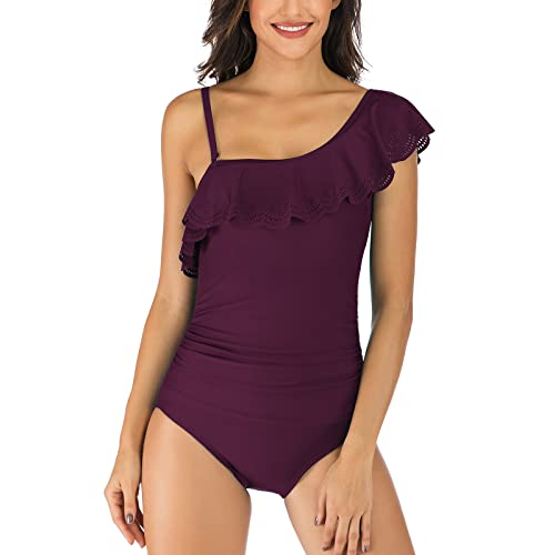 IHCEMIH Badeanzug Damen Push up Bauchweg Crinkle One Shoulder Rüschen Badeanzug Bademode Badeanzüge Schwimmanzug Einteiliger Sport Kleider Strand Sommer Bustier Monokini Badekleid für Frauen Rot S von IHCEMIH