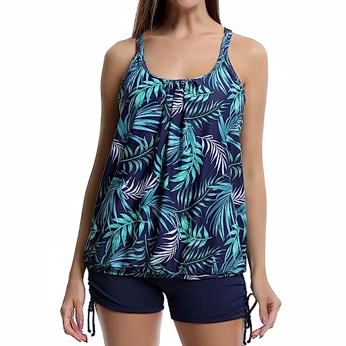 IHCEMIH Badeanzug Damen Tankini Push up Bauchweg High Waist Bademode Schnürung Badeanzüge Schwimmanzug Zweiteiler Sport Strand Sommer Blau Bedruckte Oberteile Badeshorts Set Badekleid für Frauen M von IHCEMIH