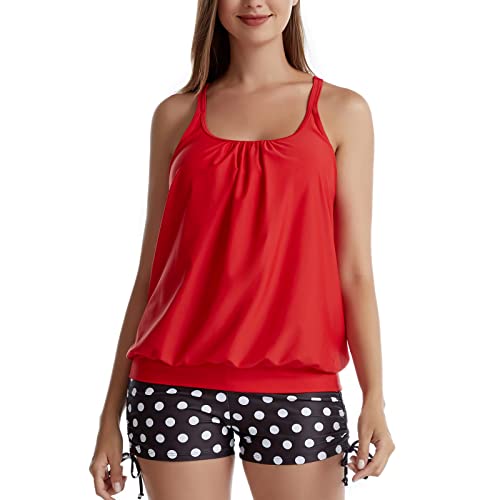 IHCEMIH Badeanzug Damen Tankini Push up Bauchweg High Waist Bademode Schnürung Blumen Badeanzüge Schwimmanzug Zweiteiler Sport Strand Sommer Oberteile Badeshorts Set Badekleid für Frauen Rot XL von IHCEMIH