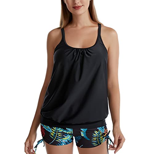IHCEMIH Badeanzug Damen Tankini Push up Bauchweg High Waist Bademode Schnürung Blumen Badeanzüge Schwimmanzug Zweiteiler Sport Strand Sommer Oberteile Badeshorts Set Badekleid für Frauen Schwarz XXL von IHCEMIH