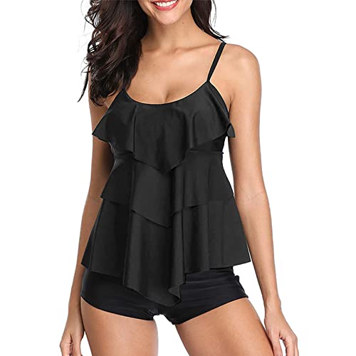 IHCEMIH Badeanzug Damen Tankini Push up Rüschen Sport Bauchweg Badeanzüge Kleid mit Bein Rock Badeshorts Bademode Badekleid Monokini Zweiteiler Schwimmanzug für Teenager Frauen, Schwarz L von IHCEMIH