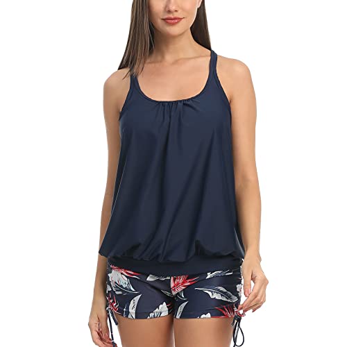 IHCEMIH Badeanzug Damen Tankinis Sets Push Up Bauchkontrolle Hohe Taille Bademode Badeanzüge Badeanzug Strandkleidung Damen String Zweiteiliger Blouson Tankini mit Shorts für Damen, dunkelblau, XL von IHCEMIH