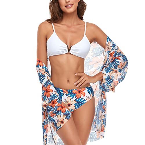 IHCEMIH Bikini Damen Push up Badeanzug Bauchweg Bademode Blumen Badeanzüge Schwimmanzug Sport Strand Beach Sommer Badekleid Triangel Gepolstert Zweiteiler Bikinis Set mit Cardigan Kimono für Frauen XL von IHCEMIH