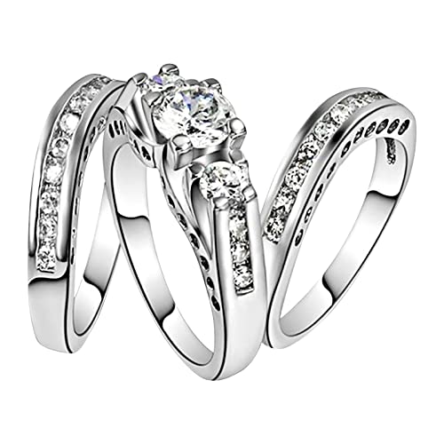 IHEHUA Damen Funkelnder Diamant Set Zirkonia Ring Versprechen Ring Set Zirkonia Ring Verlobungsring Dreiteiliges Set Pavé Herz Ring, silber, 36 von IHEHUA