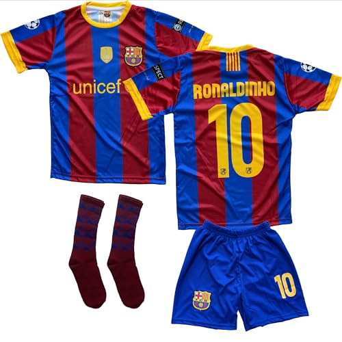IHIMI Ronaldinho #10 Nostalgie Trikot Kinder Set – Barca Retro Fußball Outfit mit Trikot, Shorts & Socken – kompatibel mit Fans der 10 – Größen 176 von IHIMI