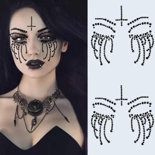 Aufkleber Gesicht Glitzersteine 2 Stück Strasssteine Hexe Tattoo Selbstklebend Schwarz Face Jewels Gesichtsaufkleber für Halloween, Karneval, Tag der Toten, Kostümfeste Make-up von IHLOOTD