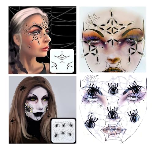 Aufkleber Gesicht Glitzersteine 2 Stück Strasssteine Spinnen Tattoo Selbstklebend Schwarz Face Jewels Gesichtsaufkleber für Halloween, Karneval, Tag der Toten, Kostümfeste Make-up von IHLOOTD