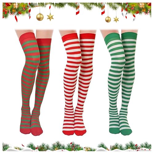 IHLOOTD Weihnachtskniestrümpfe Damen 3 Paare Kniestrümpfe Weihnachten Elfen Socken Weihnachtsstrümpfe Rot Weiß Grün Overknees Strümpfe Weihnachtssocken Frauen Gestreifte Socken Cosplay von IHLOOTD
