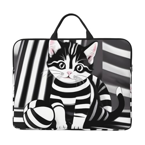 IHVBRHHM Schwarz-weiß gestreifte Laptoptasche mit 35,6 cm (14 Zoll) Kätzchen-Laptop-Tasche mit stoßfestem Futter und tragbarem Design, geeignet für Business und Alltag. von IHVBRHHM