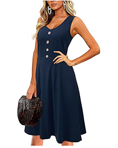 II ININ Sommerkleid Damen Knielang Strandkleid Sommer Midi A Linie Blumen Kleid Freizeitkleid mit Taschen(B-Marine,Groß) von II ININ