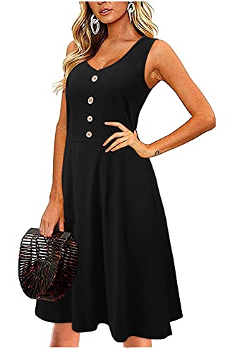 II ININ Sommerkleid Damen Knielang Strandkleid Sommer Midi A Linie Blumen Kleid Freizeitkleid mit Taschen(B-Schwarz,Groß) von II ININ