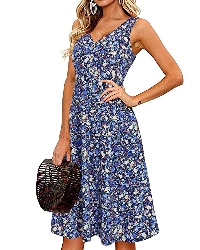 II ININ Sommerkleid Damen Knielang Strandkleid Sommer Midi A Linie Blumen Kleid Freizeitkleid mit Taschen(Floral 14,X-Groß) von II ININ